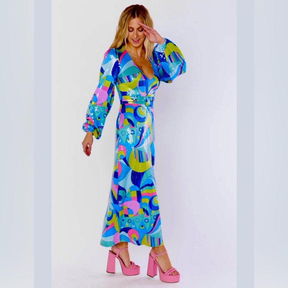 Show Me Your MuMu Colorful Long Sleeve Dress Maxi Sequins NWT XS - Pucci Vibes